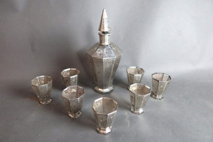 art deco glasses and carafe in glass and silver set of 8 8