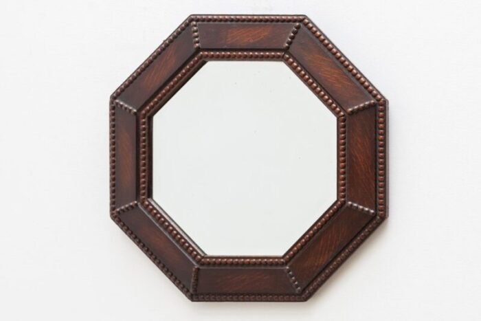 art deco octagonal wall hanging beveled mirror in oak 1930 2