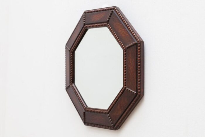 art deco octagonal wall hanging beveled mirror in oak 1930 4