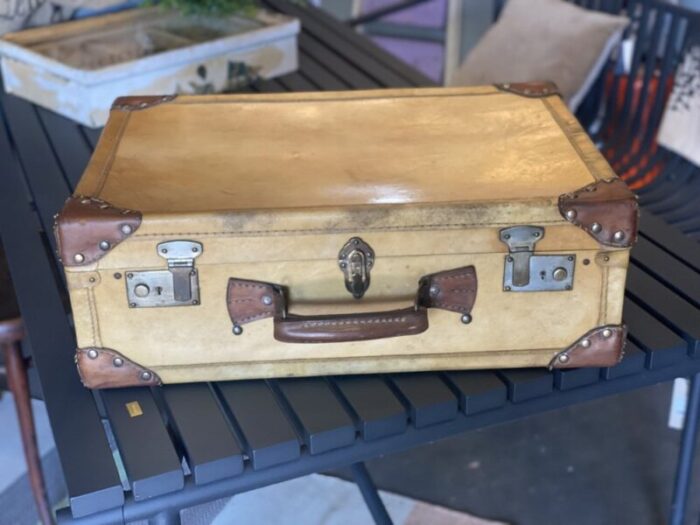 art deco parchment leather suitcase with rivets 2