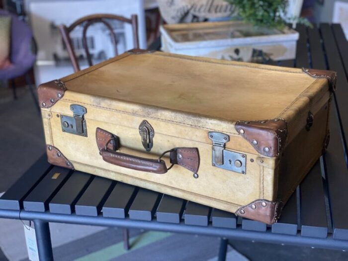 art deco parchment leather suitcase with rivets 3