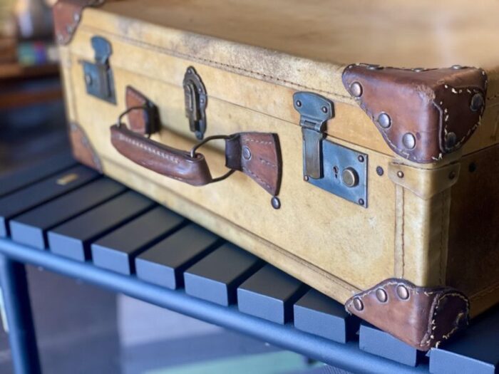 art deco parchment leather suitcase with rivets 4