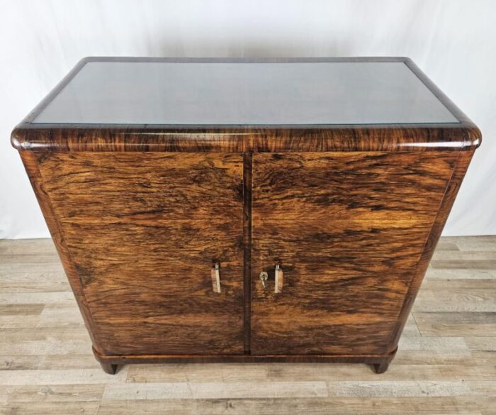 art deco sideboard in walnut root with transparent glass and internal drawers 1930s 6250