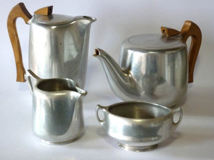 art nouveau english aluminum teak and coffee set from picquot ware 1900s set of 4 1