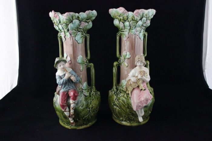 art nouveau vases with children and foliage cecoslovakia 1900s set of 2 1