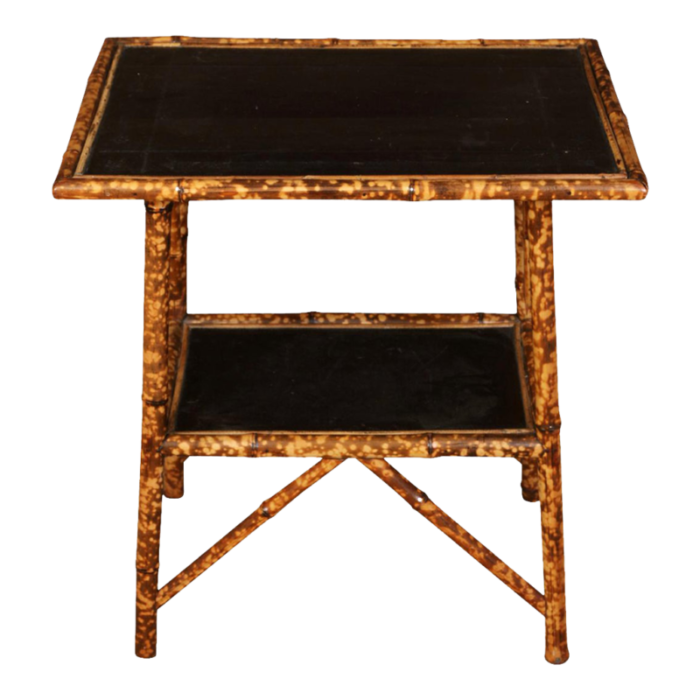 bamboo two tiered table with black leather top shelf 4822