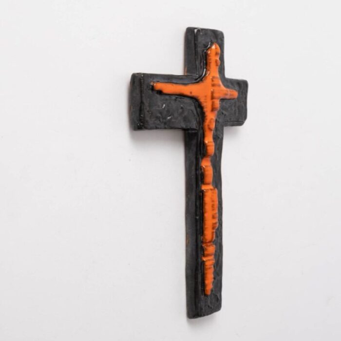 belgian ceramic crucifix by f sanchez from perignem 1960s 3