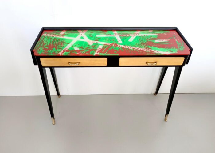 black beech console table with red and green back painted glass top italy 1950s 0477