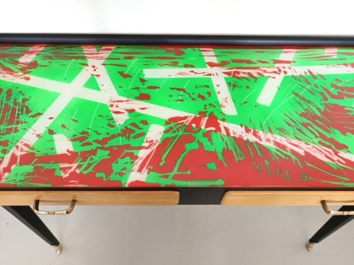 black beech console table with red and green back painted glass top italy 1950s 1041