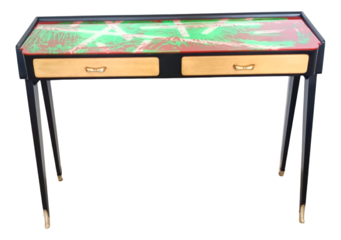 black beech console table with red and green back painted glass top italy 1950s 3977