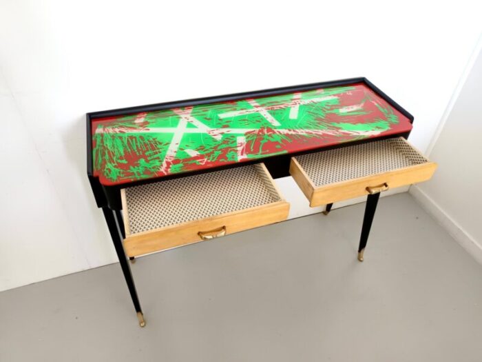 black beech console table with red and green back painted glass top italy 1950s 9167