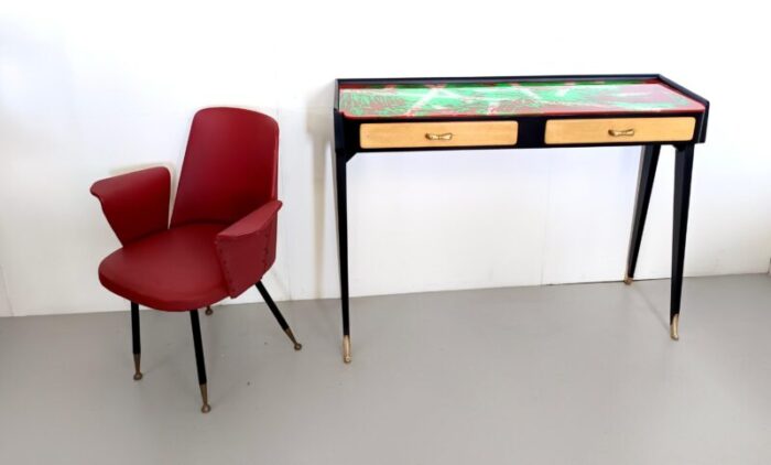 black beech console table with red and green back painted glass top italy 1950s 9898