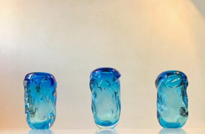 blue glass vases by jan beranek for skrdlovice 1960s set of 3 1