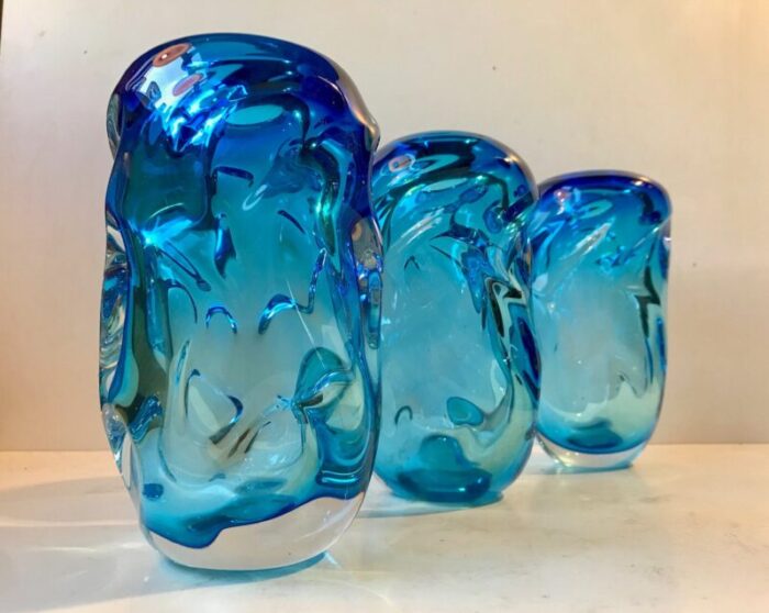 blue glass vases by jan beranek for skrdlovice 1960s set of 3 2