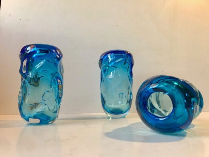 blue glass vases by jan beranek for skrdlovice 1960s set of 3 3