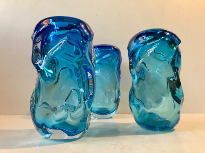 blue glass vases by jan beranek for skrdlovice 1960s set of 3 4