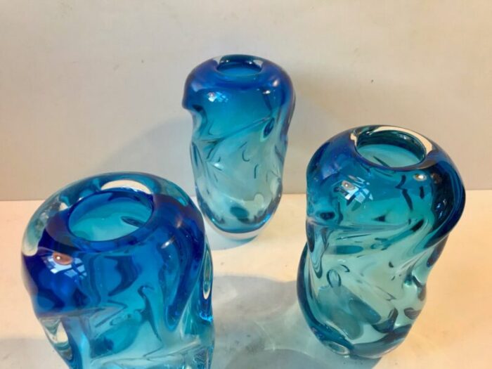 blue glass vases by jan beranek for skrdlovice 1960s set of 3 5