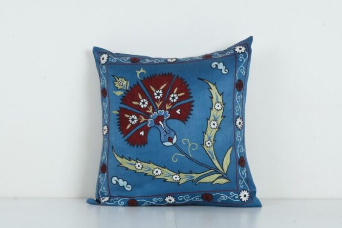 blue silk on silk suzani square cushion cover 1