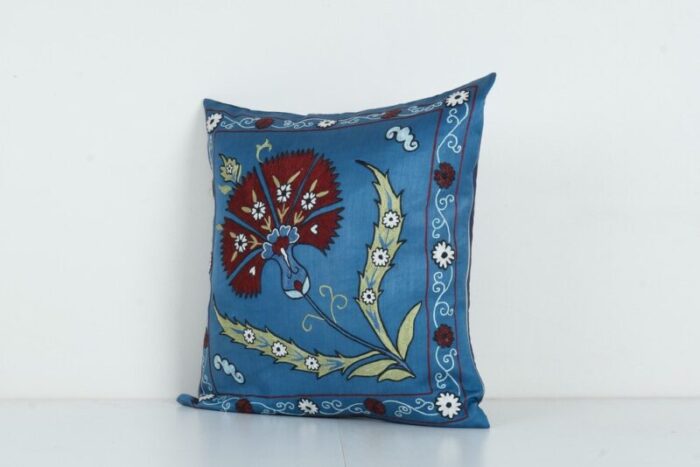 blue silk on silk suzani square cushion cover 2