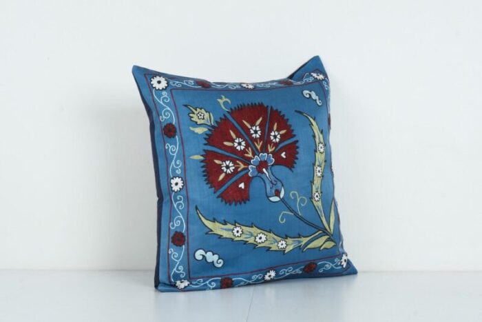 blue silk on silk suzani square cushion cover 3