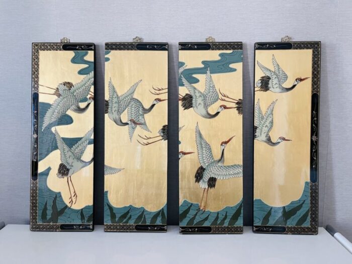 boho chic japanese gold screen with cranes set of 4 3654