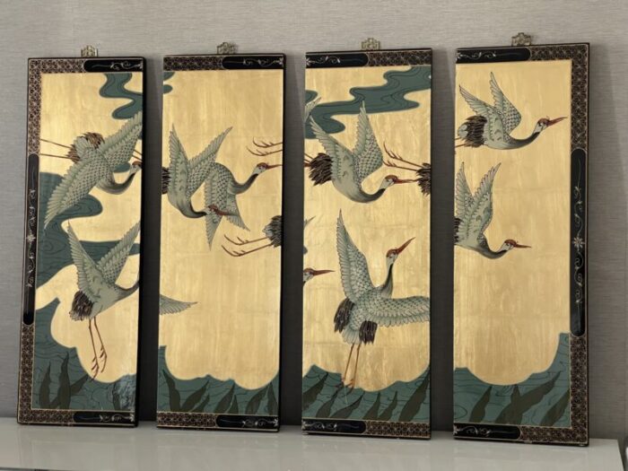 boho chic japanese gold screen with cranes set of 4 6893