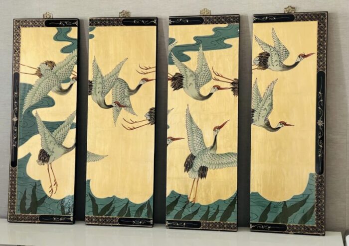 boho chic japanese gold screen with cranes set of 4 9491