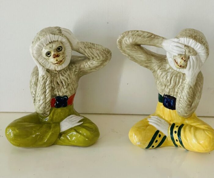 boho chic pair of vintage majolica style monkeys 6157