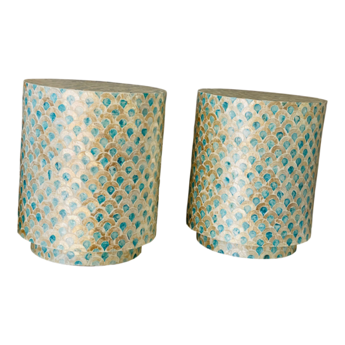 boho coasal coastal decor pair of side drum tables capiz shells peacock round side tables 5463