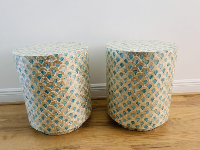 boho coasal coastal decor pair of side drum tables capiz shells peacock round side tables 9892