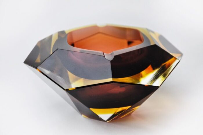 brown and yellow sommerso ashtray in faceted glass attributed to seguso murano italy 1970s 1