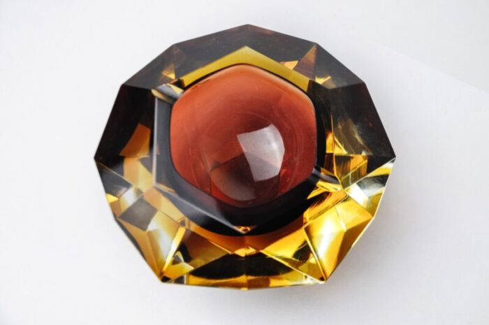 brown and yellow sommerso ashtray in faceted glass attributed to seguso murano italy 1970s 2