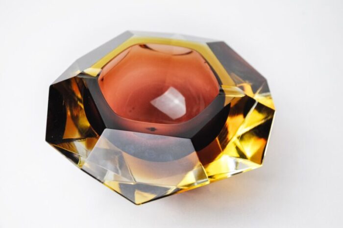 brown and yellow sommerso ashtray in faceted glass attributed to seguso murano italy 1970s 3