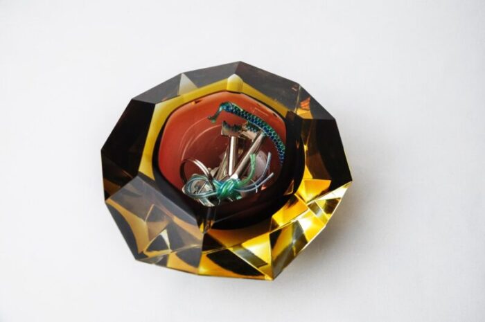 brown and yellow sommerso ashtray in faceted glass attributed to seguso murano italy 1970s 4