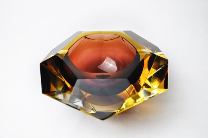 brown and yellow sommerso ashtray in faceted glass attributed to seguso murano italy 1970s 5