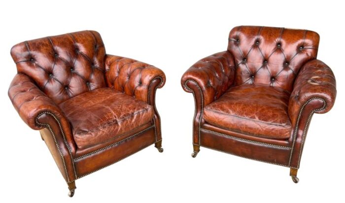 brown leather tufted armchairs a pair 2100