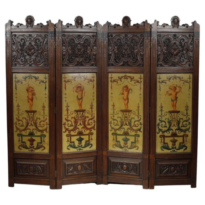 carved wood folding screen a la berain 19th century 1