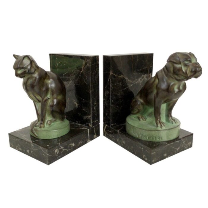 cat and dog bookends in spelter on marble base by max le verrier france 2023 set of 2 1