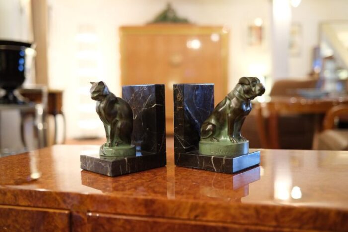 cat and dog bookends in spelter on marble base by max le verrier france 2023 set of 2 2