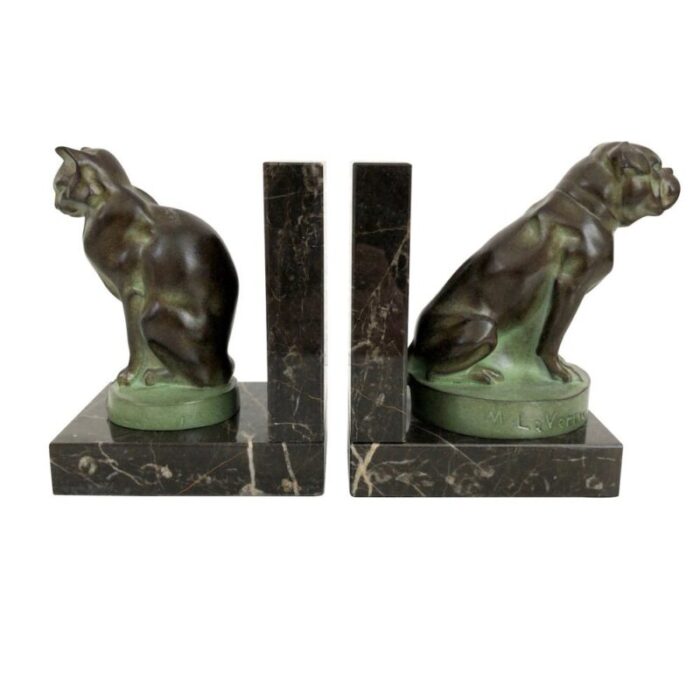 cat and dog bookends in spelter on marble base by max le verrier france 2023 set of 2 4