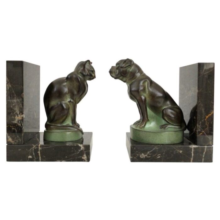 cat and dog bookends in spelter on marble base by max le verrier france 2023 set of 2 5