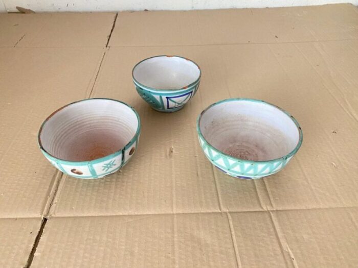 ceramic bowls in green blue and brown color by robert picault france 1950s set of 3 8