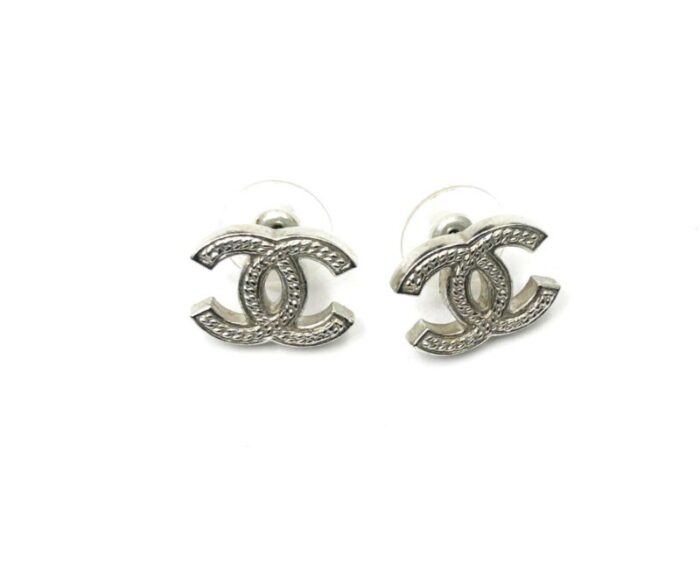 chanel silver cc rope texture piercing earrings 2 pieces 7200