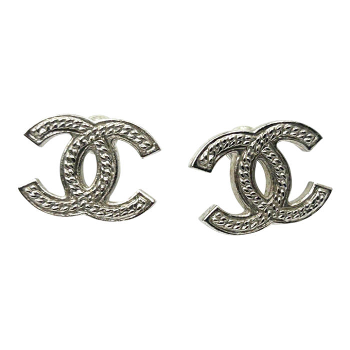 chanel silver cc rope texture piercing earrings 2 pieces 7235