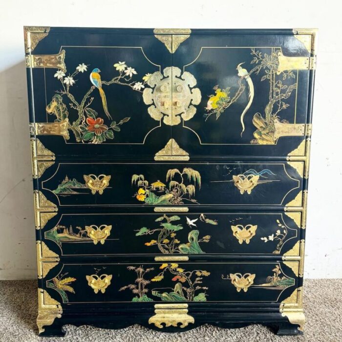 chinese black and gold and hand painted armoirechest of drawers 0667