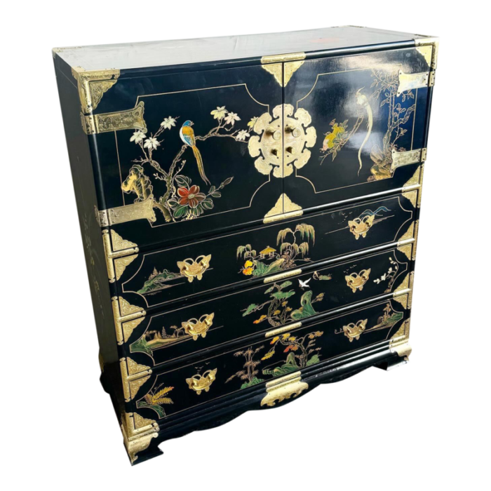 chinese black and gold and hand painted armoirechest of drawers 0770