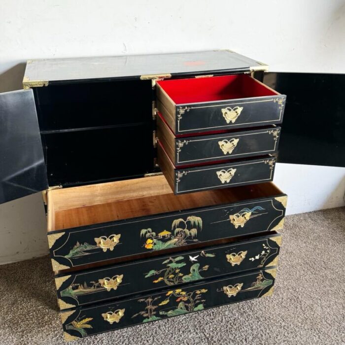 chinese black and gold and hand painted armoirechest of drawers 7010