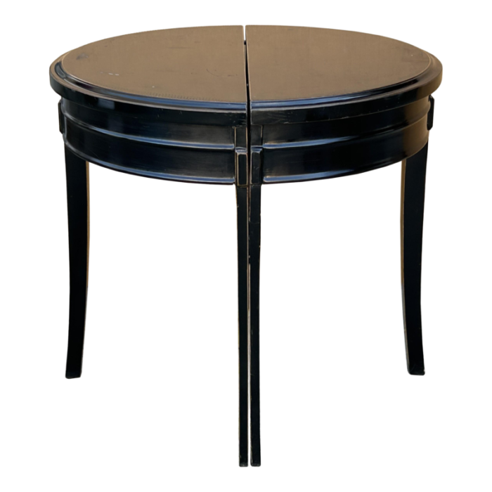 chinese black lacquer wood 2 half side round pedestal center table 9715