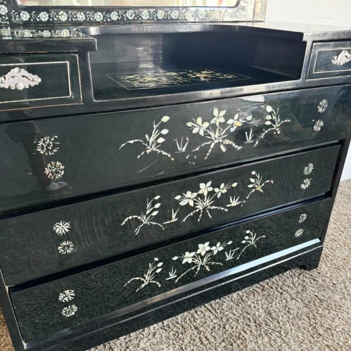 chinese black lacquered mother of pearl inlay vanitychest with mirror 1062