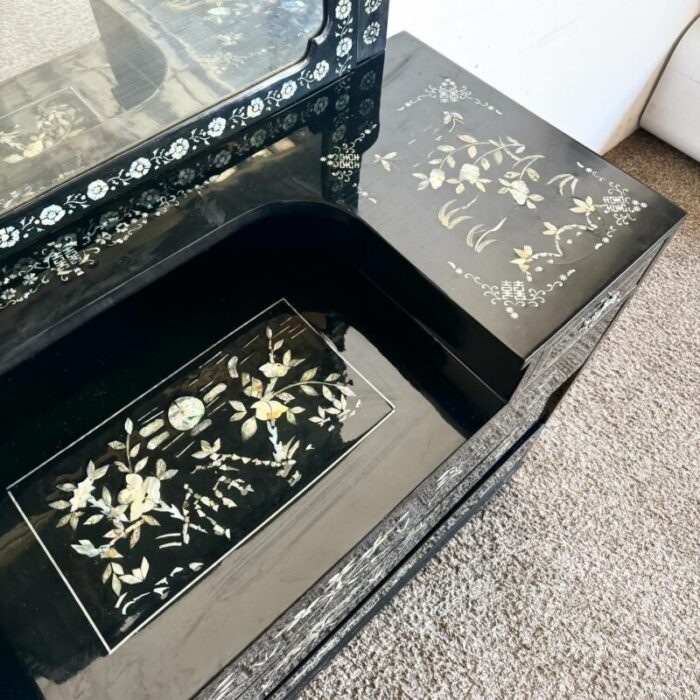 chinese black lacquered mother of pearl inlay vanitychest with mirror 6818